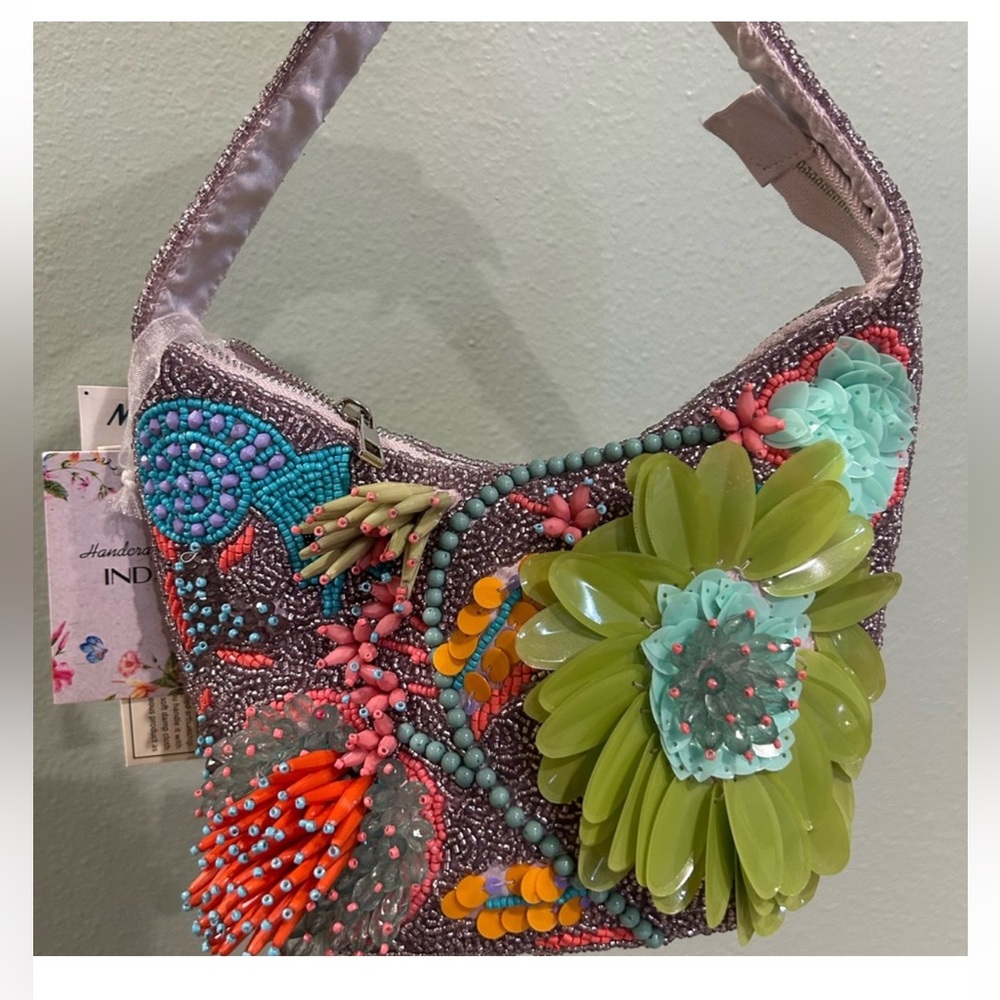 New Handcrafted Beaded Floral Coral Beach Women's Shoulder Bag in Green & Pink